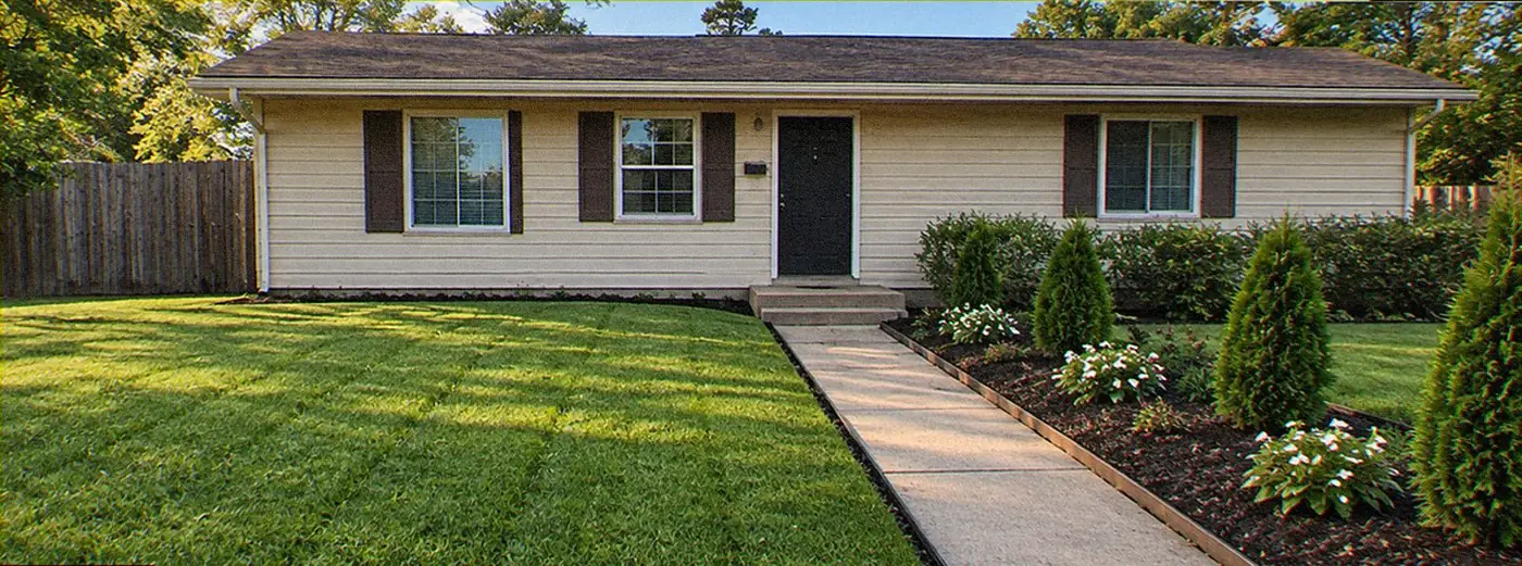 The same front yard after: new fescue sod, edged mulch beds with arborvitae and perennials, the oak removed